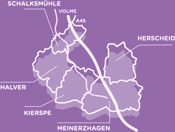 Oben an der Volme: 5 Kommunen (Herscheid, Halver, Schalksmühle, Meinerzhagen und Kierspe) - 1 Region